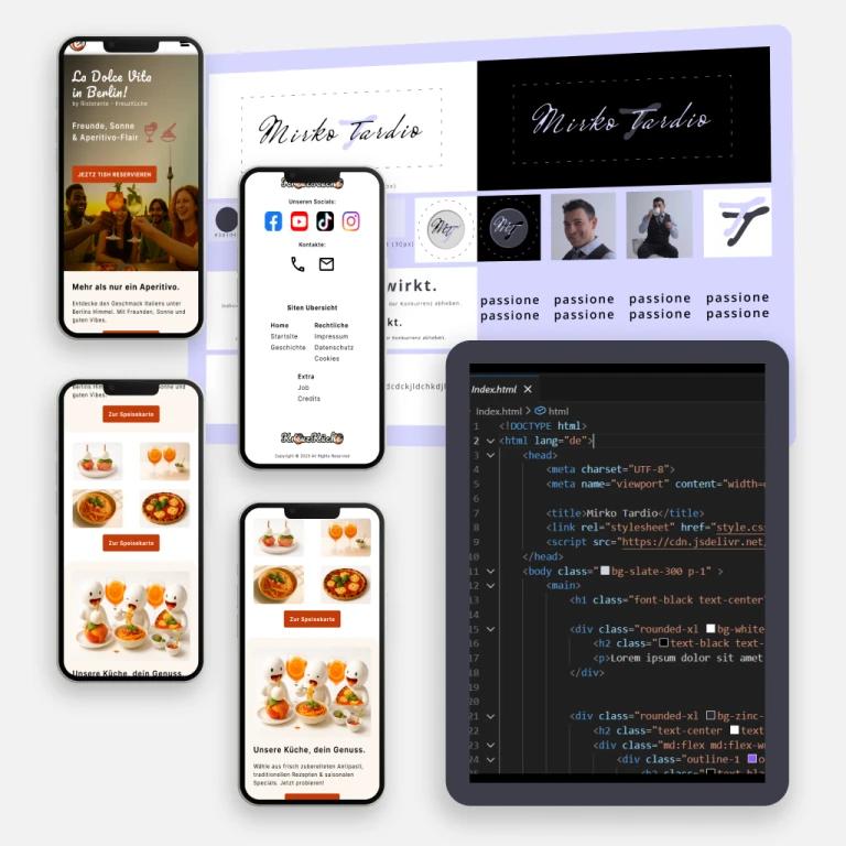 Brand Board eines eigenen Unternehmens mit Designentwürfen und Codebeispielen